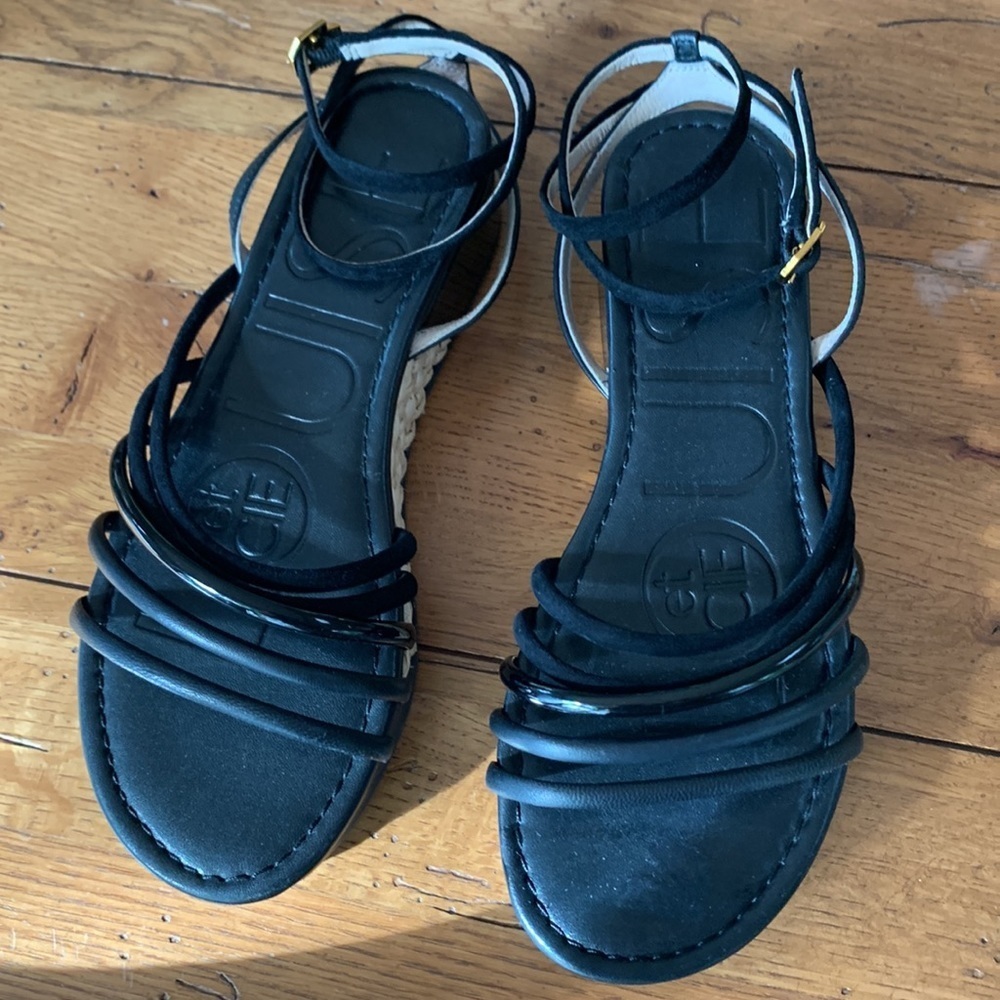 Louise Et Cie BIMO Black Platform Asymmetrical Flatform Straps Wedge Sandals 8 M - Picture 4 of 12